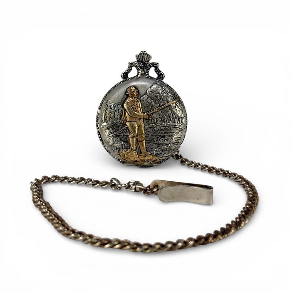 Milan Quartz Pocket Watch with Fisherman Relief Cover and Chain